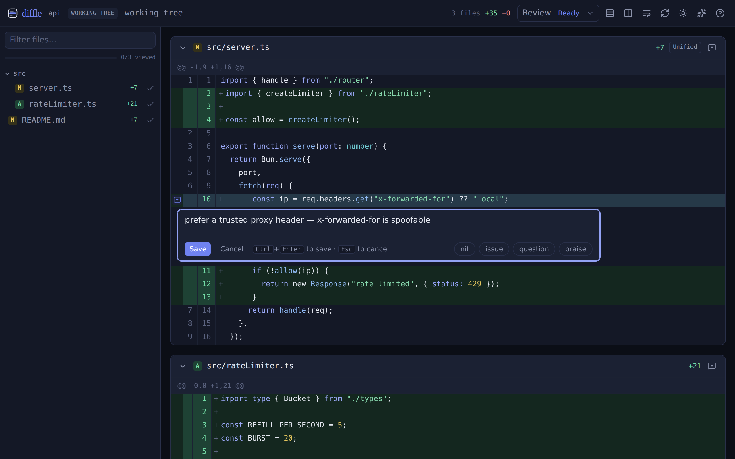 The diffle review view: a file tree, a syntax-highlighted diff, and an open inline comment