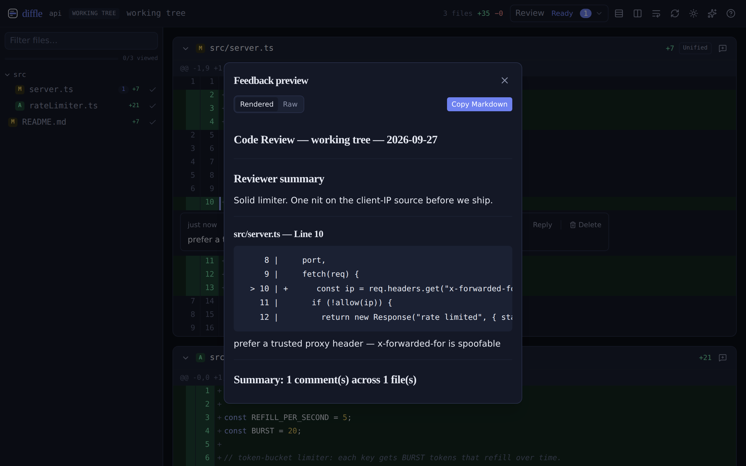 The feedback preview: each comment rendered with its code context, ready to copy as Markdown