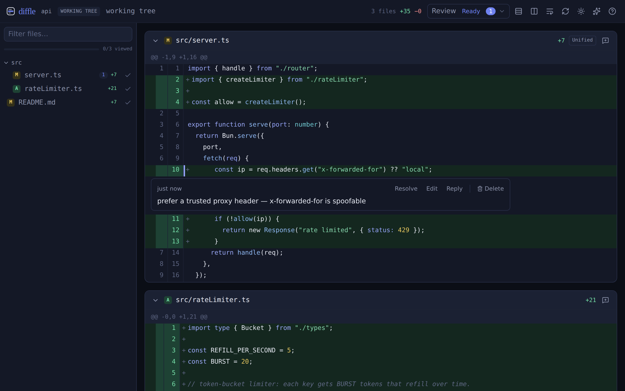A saved inline comment thread anchored to a line, with resolve, edit, reply, and delete actions